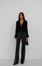 Fur Coat Detailed Zip-Up Black Knit Cardigan
