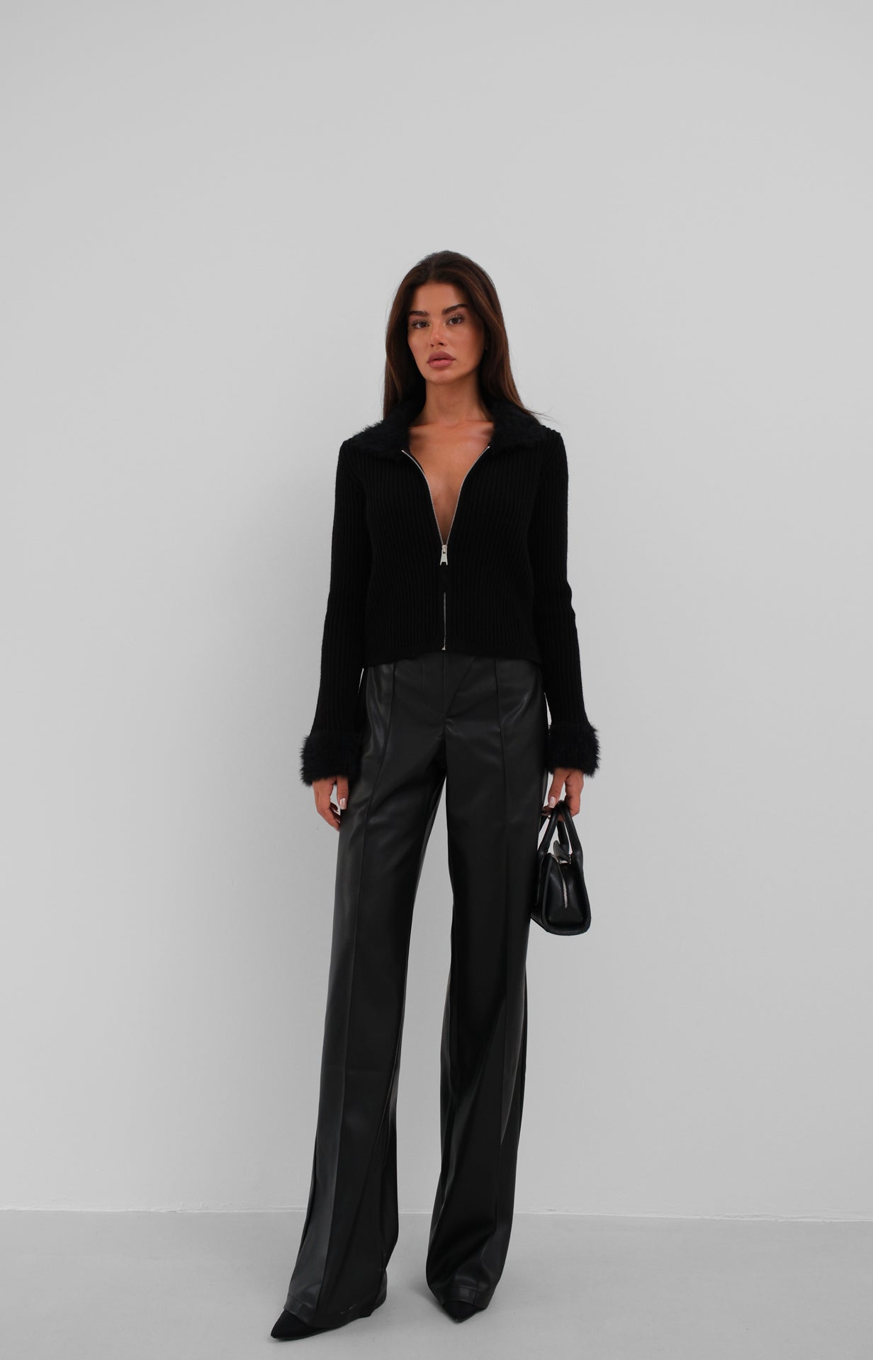 Fur Coat Detailed Zip-Up Black Knit Cardigan