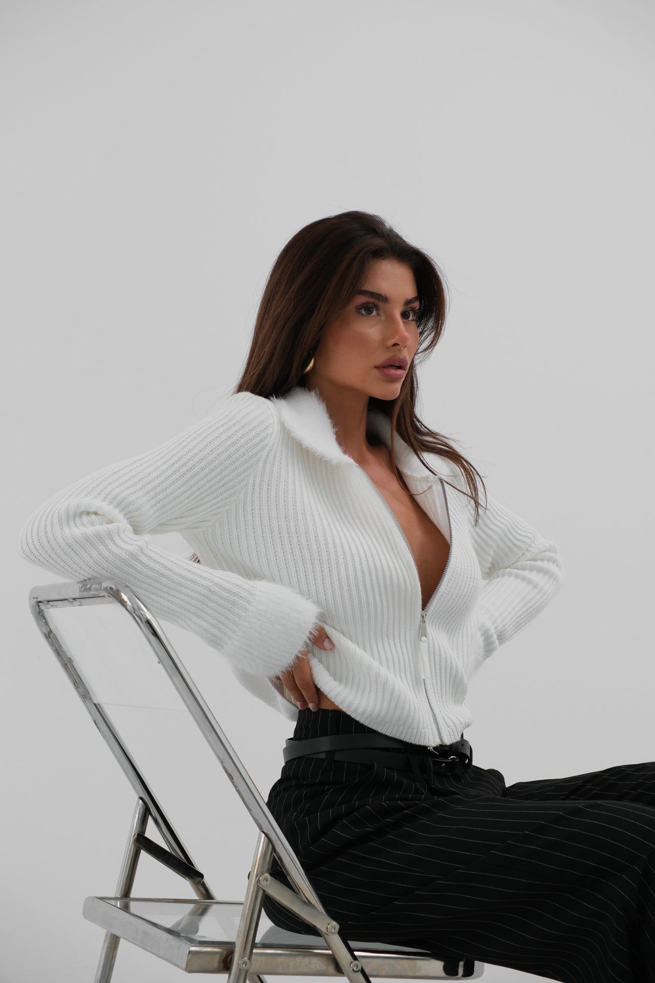 Fur Coat Detailed Zip-Up Ecru Knit Cardigan