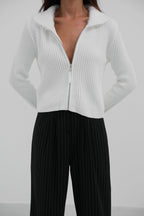 Fur Coat Detailed Zip-Up Ecru Knit Cardigan