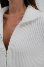 Fur Coat Detailed Zip-Up Ecru Knit Cardigan