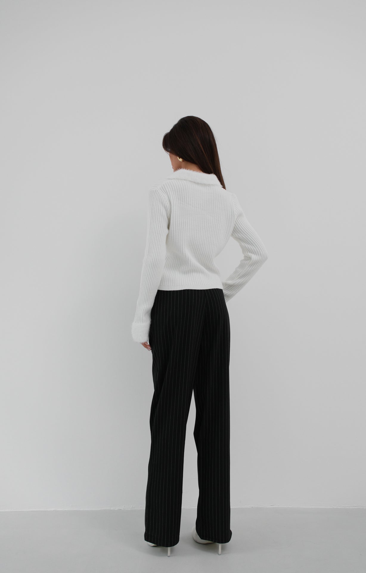 Fur Coat Detailed Zip-Up Ecru Knit Cardigan