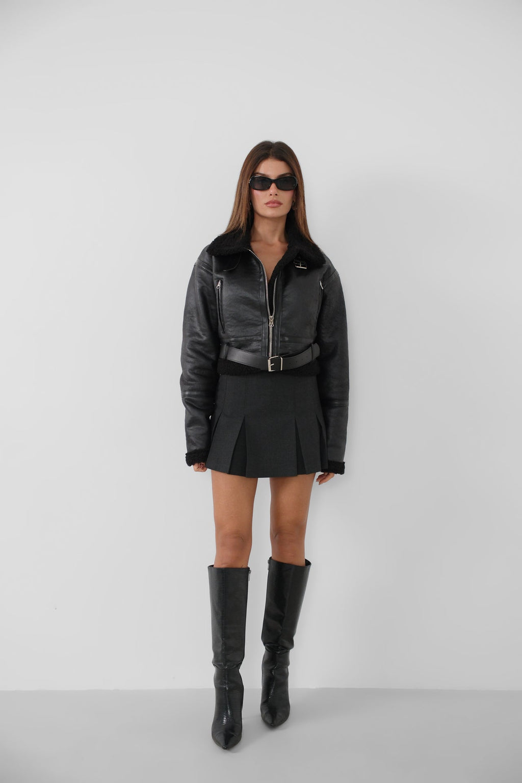 Fur-Lined Leather Black Coat