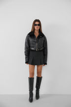 Fur-Lined Leather Black Coat