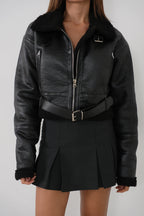 Fur-Lined Leather Black Coat