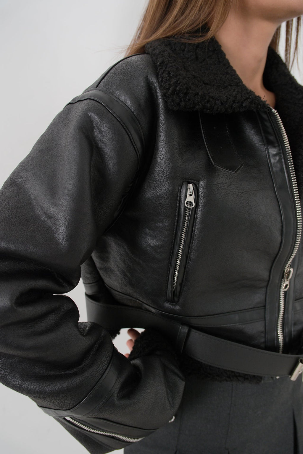 Fur-Lined Leather Black Coat