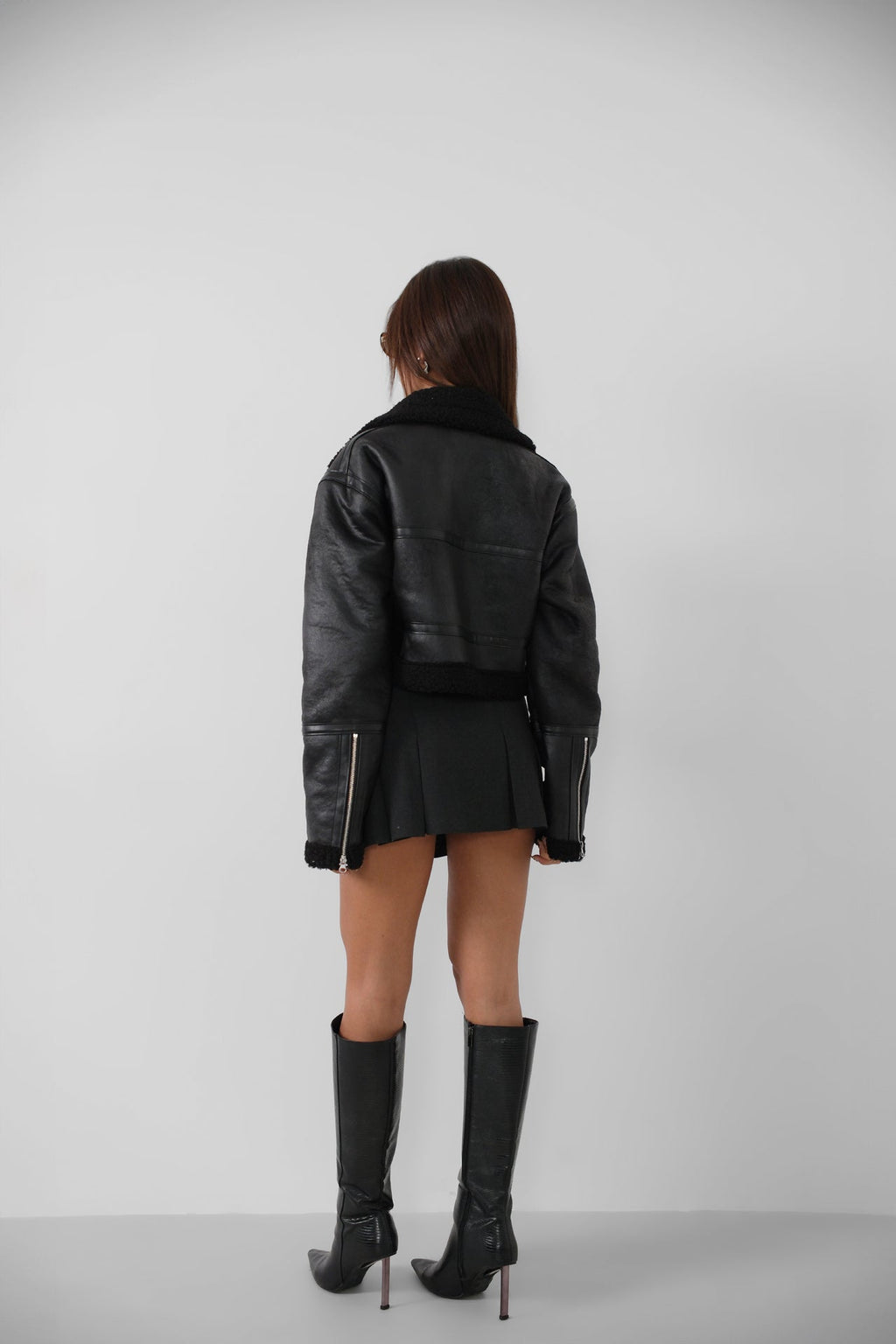 Fur-Lined Leather Black Coat