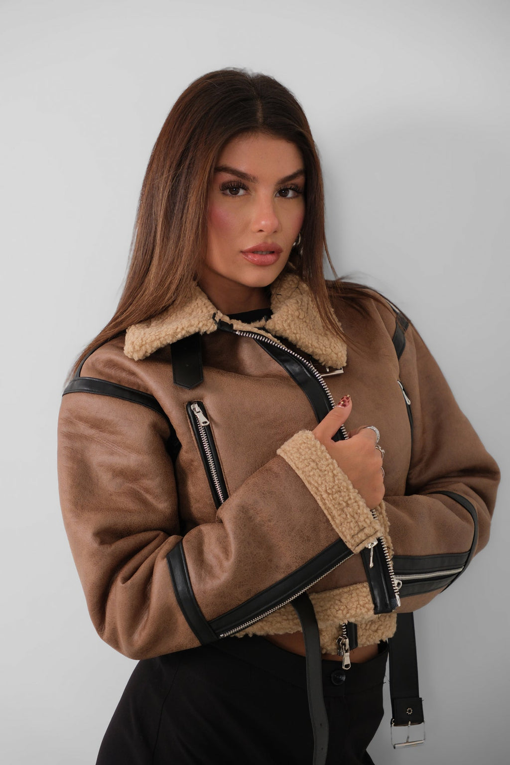 Fur-Lined Leather Brown Coat