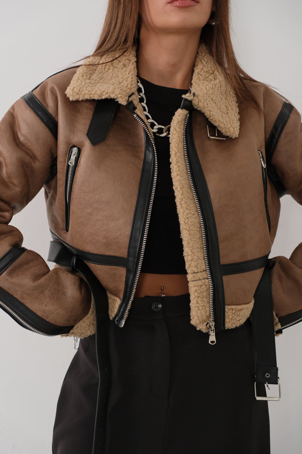 Fur-Lined Leather Brown Coat