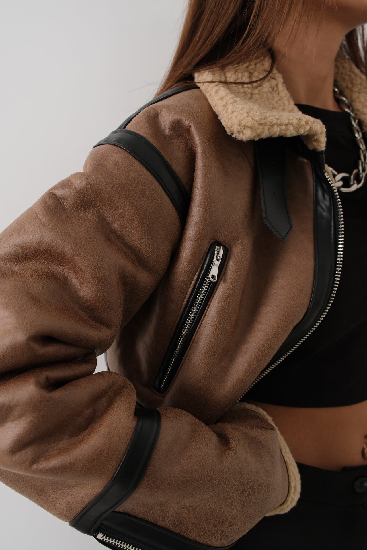 Fur-Lined Leather Brown Coat