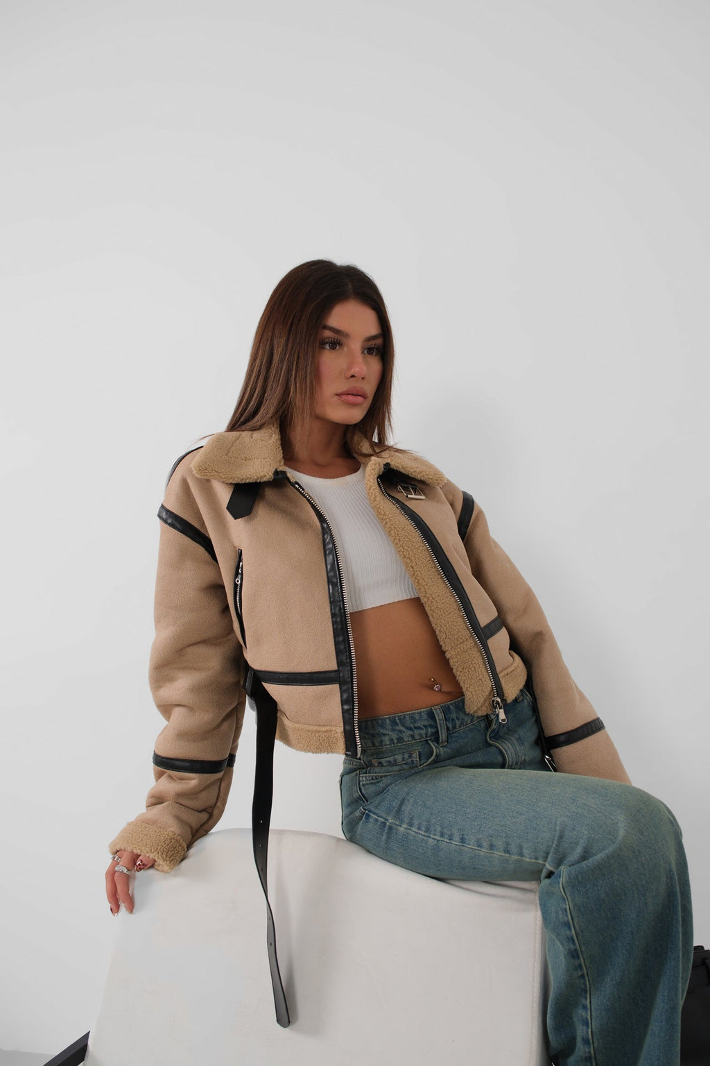 Fur-Lined Leather Tan Coat