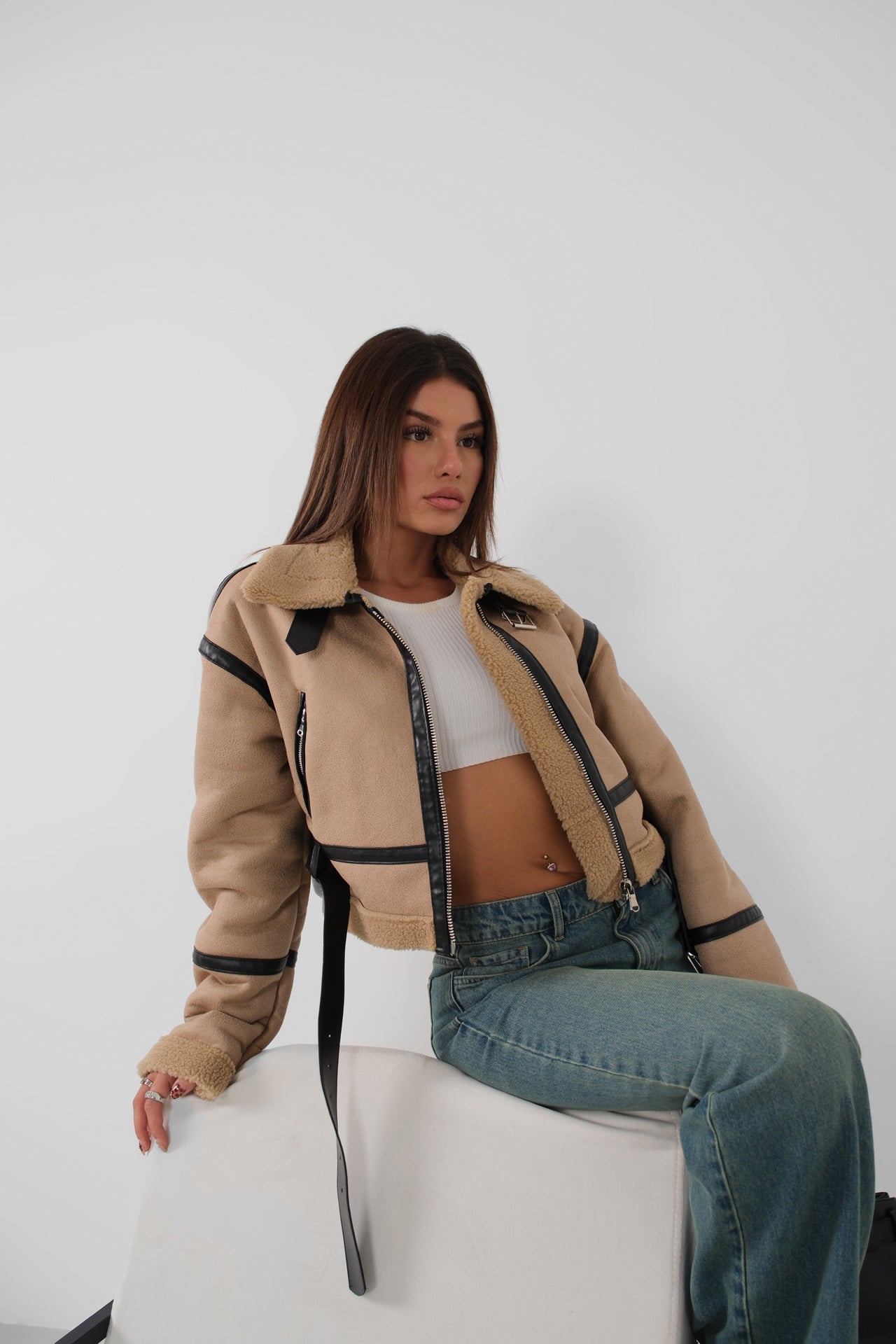 Fur-Lined Leather Tan Coat