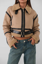 Fur-Lined Leather Tan Coat