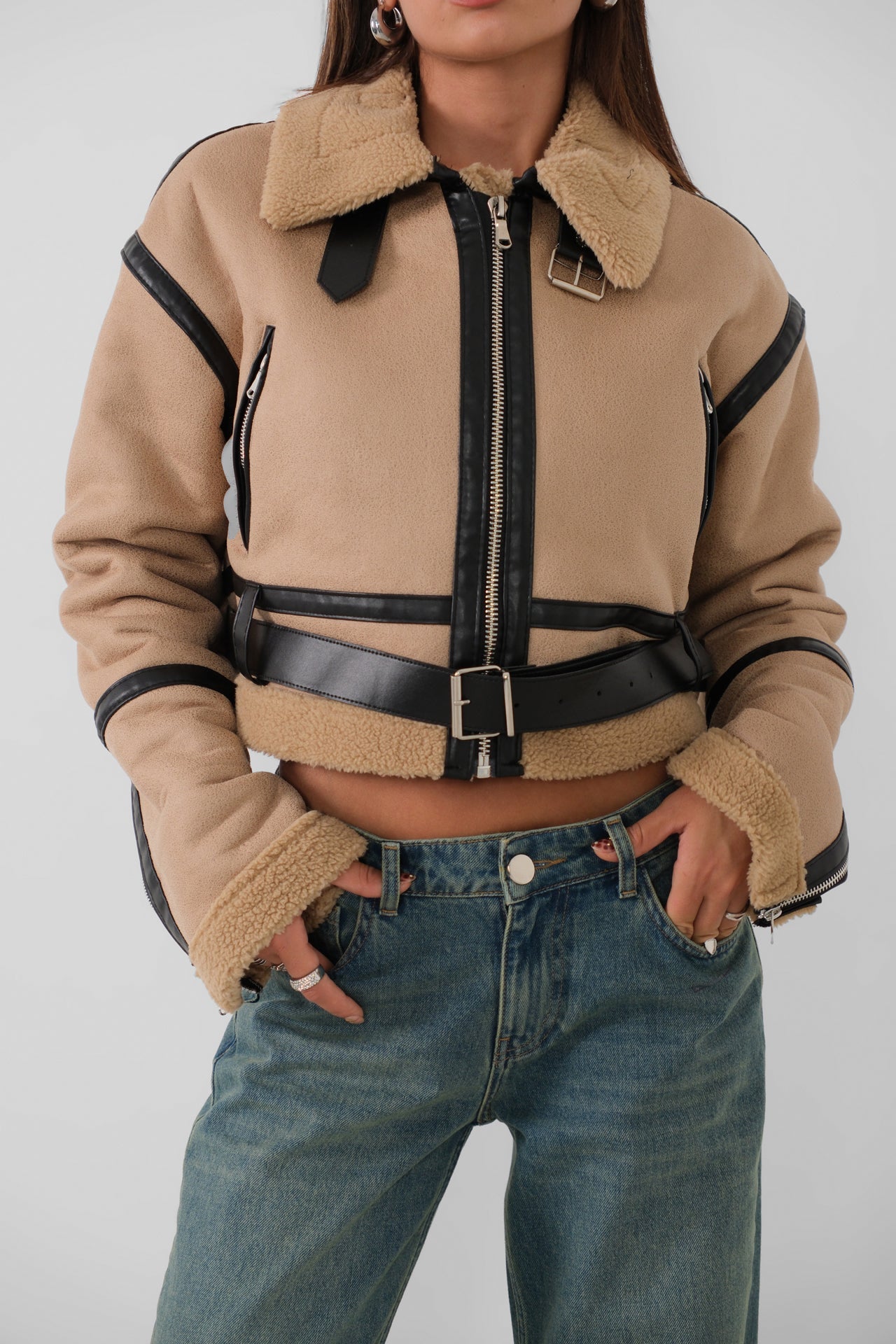 Fur-Lined Leather Tan Coat