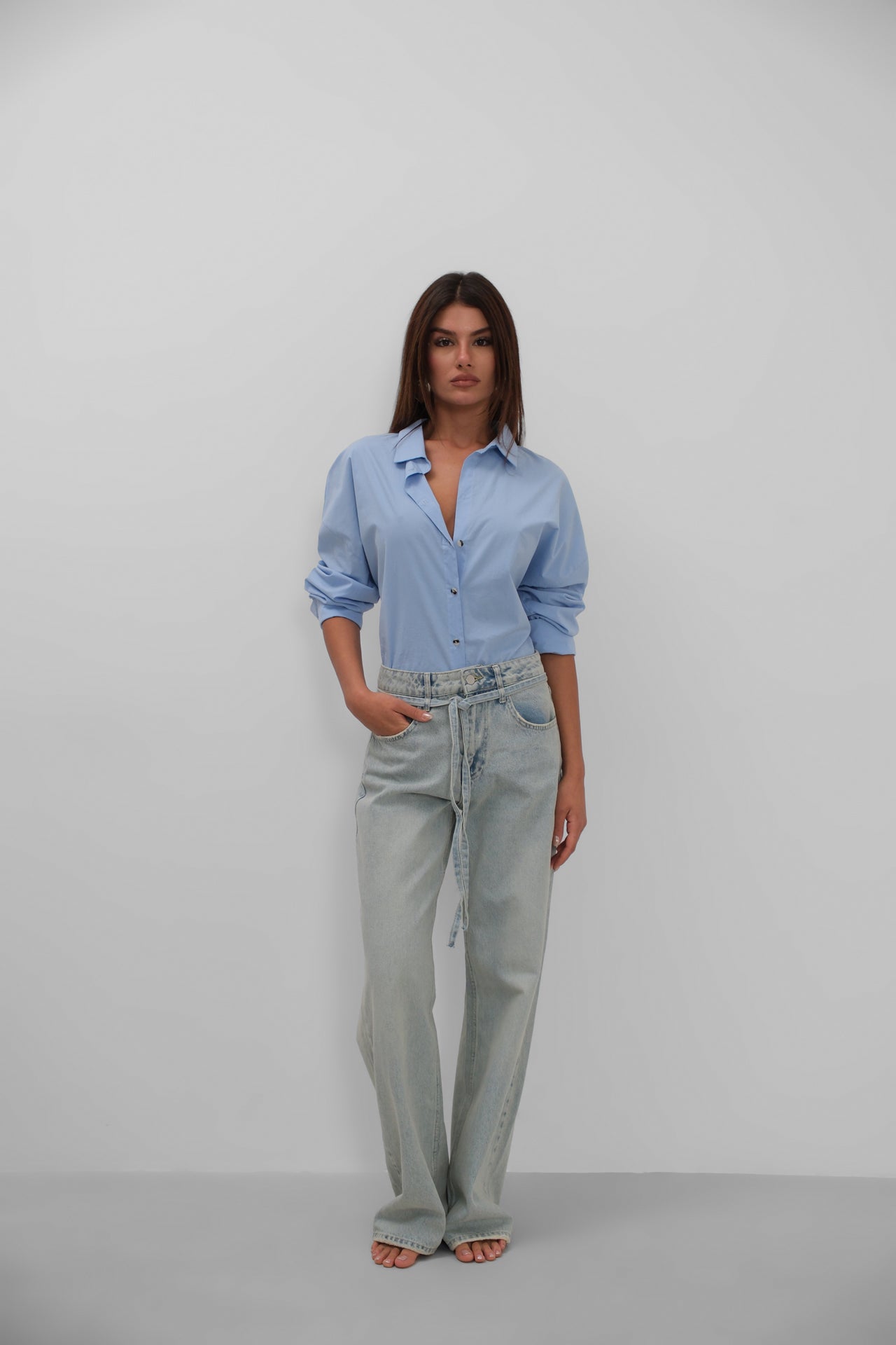 Sash Detail High Waist Light Blue Jeans