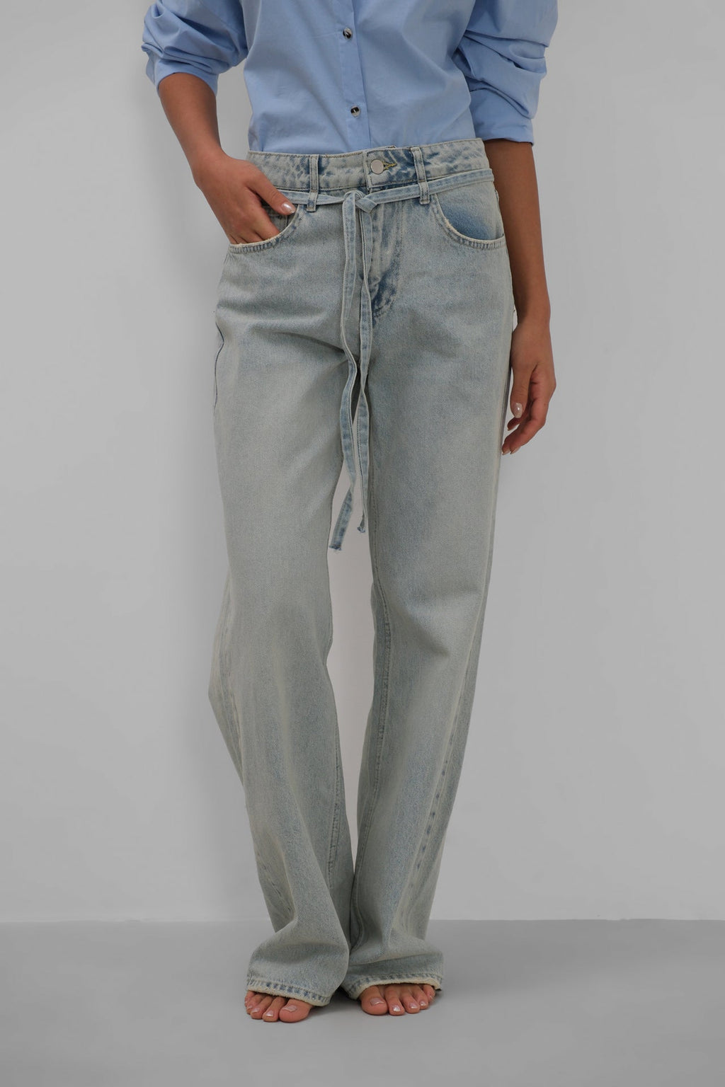 Sash Detail High Waist Light Blue Jeans