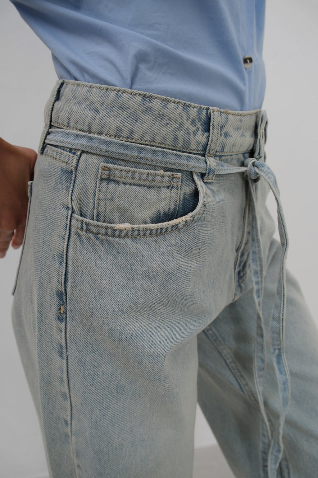 Sash Detail High Waist Light Blue Jeans