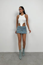 Eyelet Belt Detail Dark Blue Denim Skirt