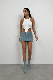 Eyelet Belt Detail Dark Blue Denim Skirt