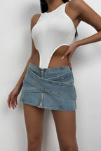 Eyelet Belt Detail Dark Blue Denim Skirt