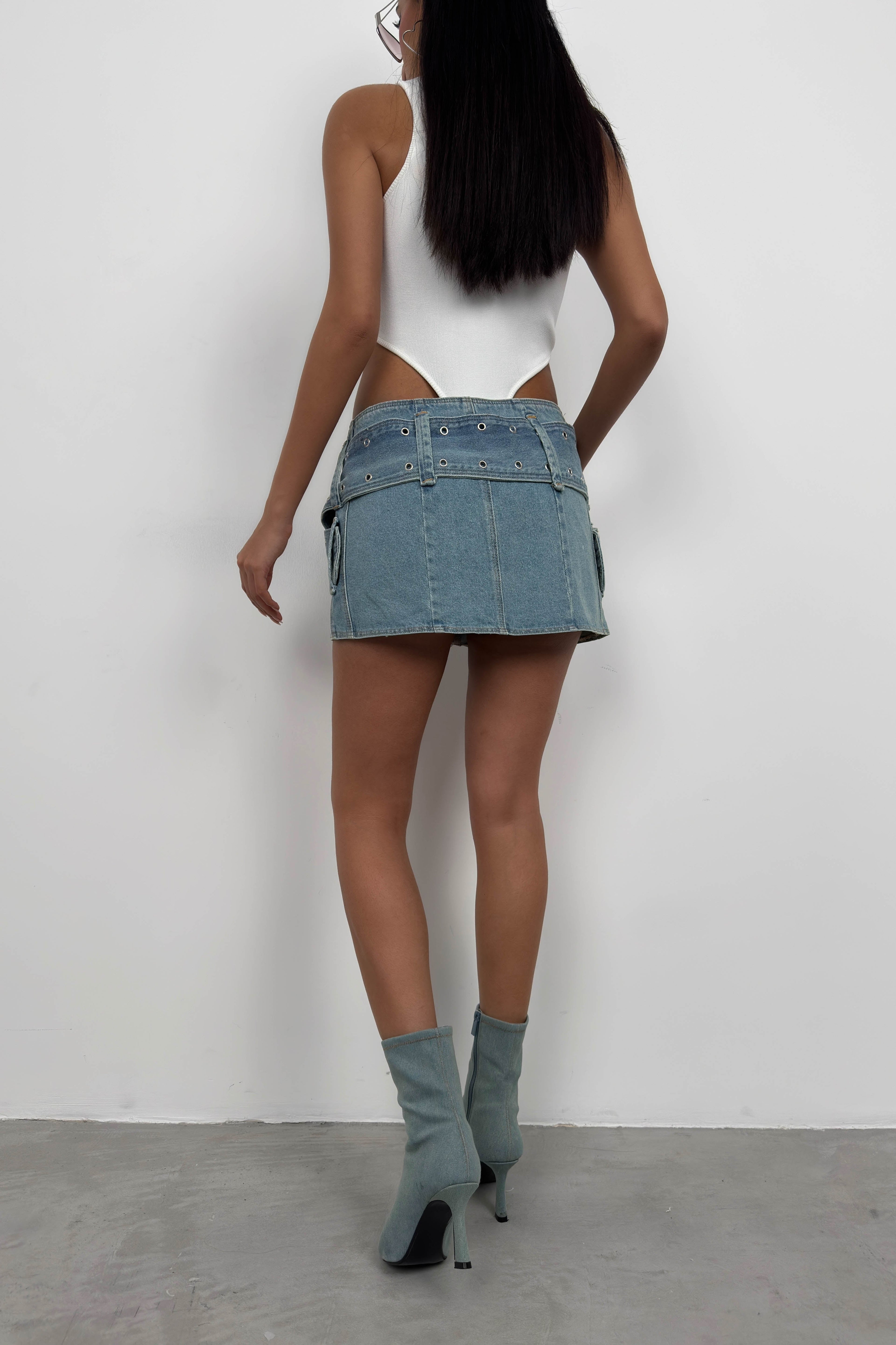 Eyelet Belt Detail Dark Blue Denim Skirt
