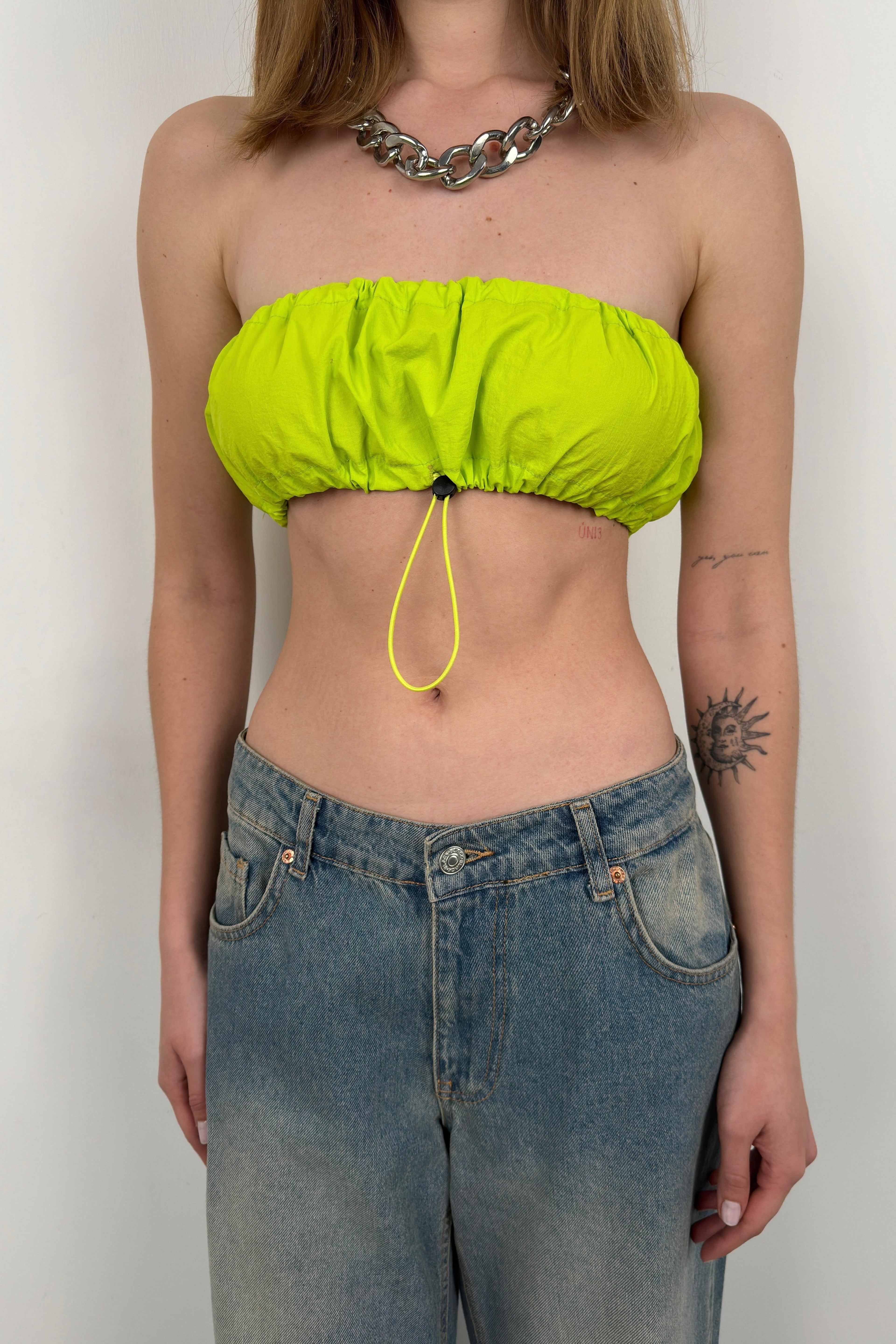 Elastic Detay Lime Strapless Crop