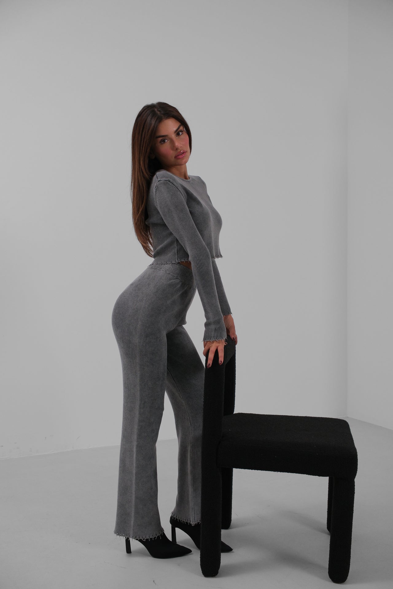 Laser Detail Washed Knit Gray Set