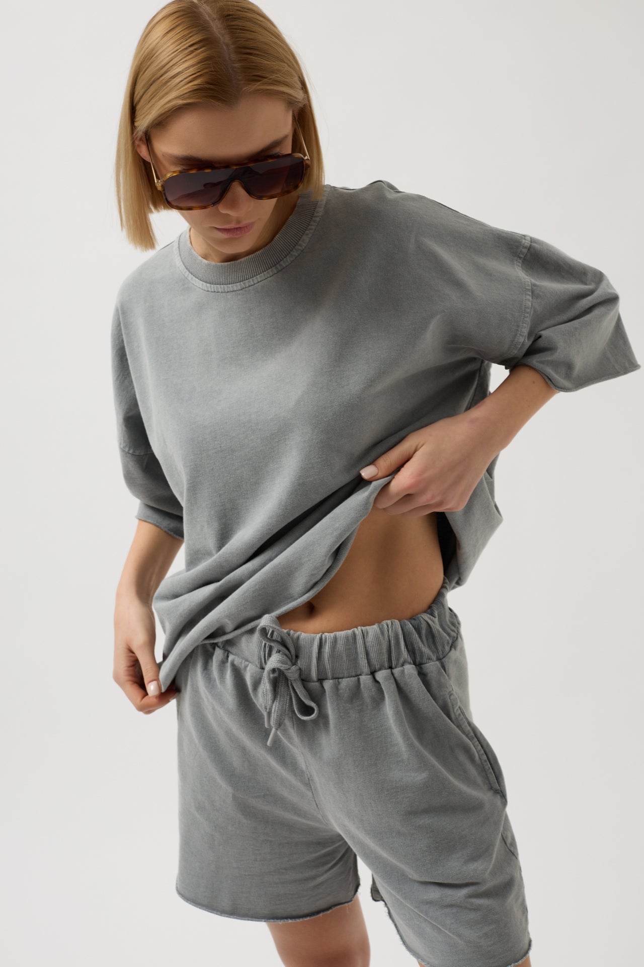 Laser Cut Lace-Up Detail Gray Shorts