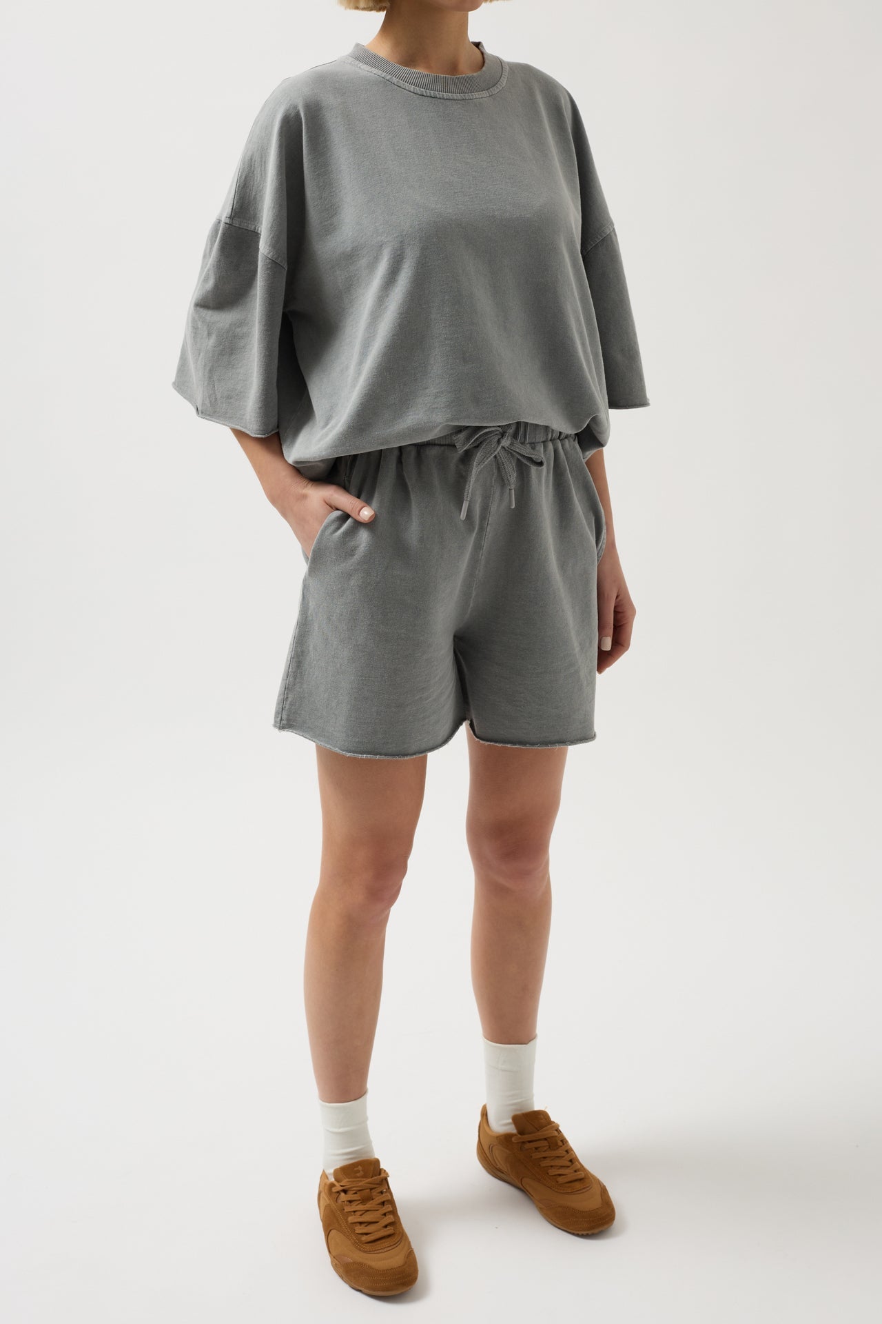 Laser Cut Lace-Up Detail Gray Shorts