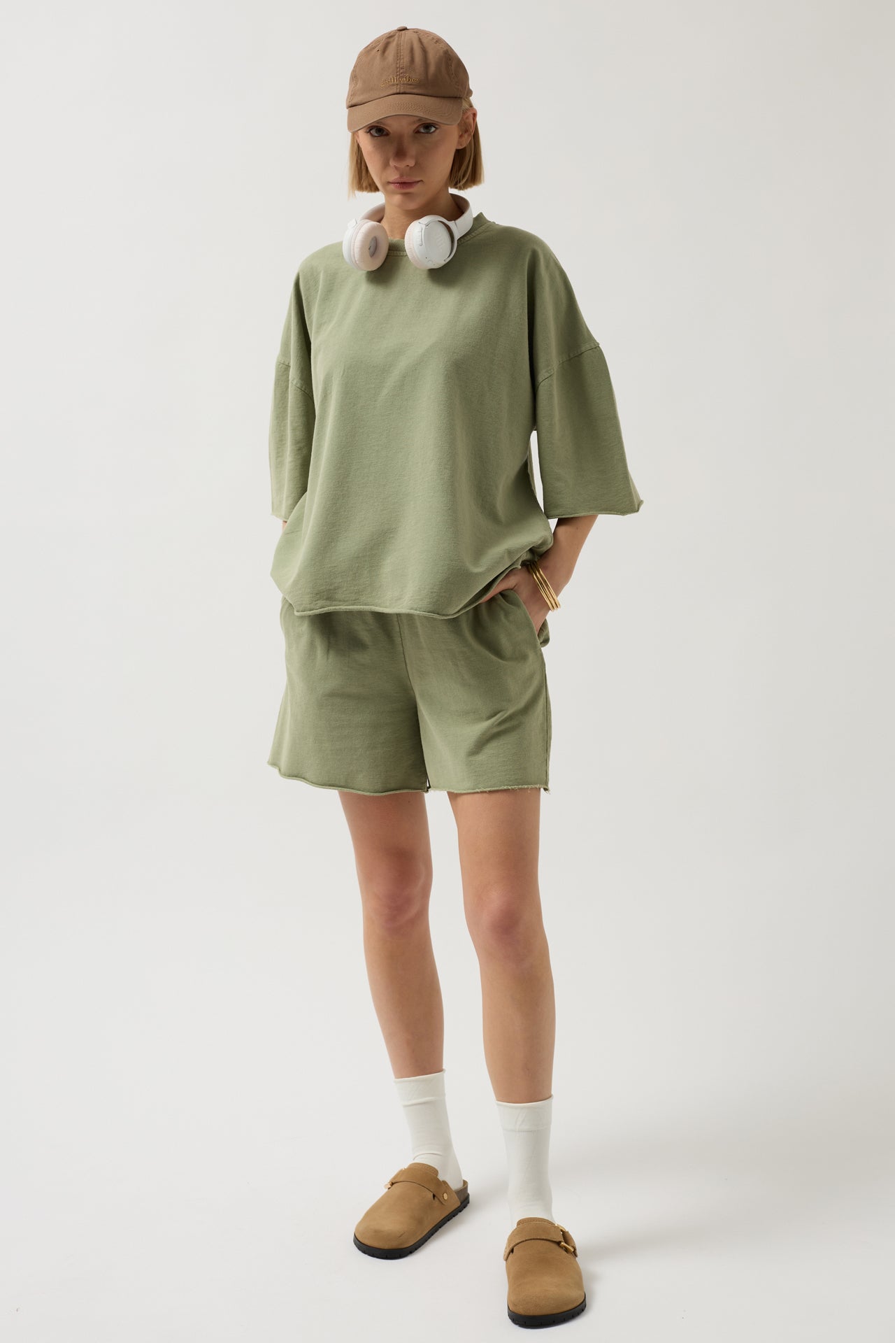 Laser Cut Lace-Up Detail Khaki Shorts