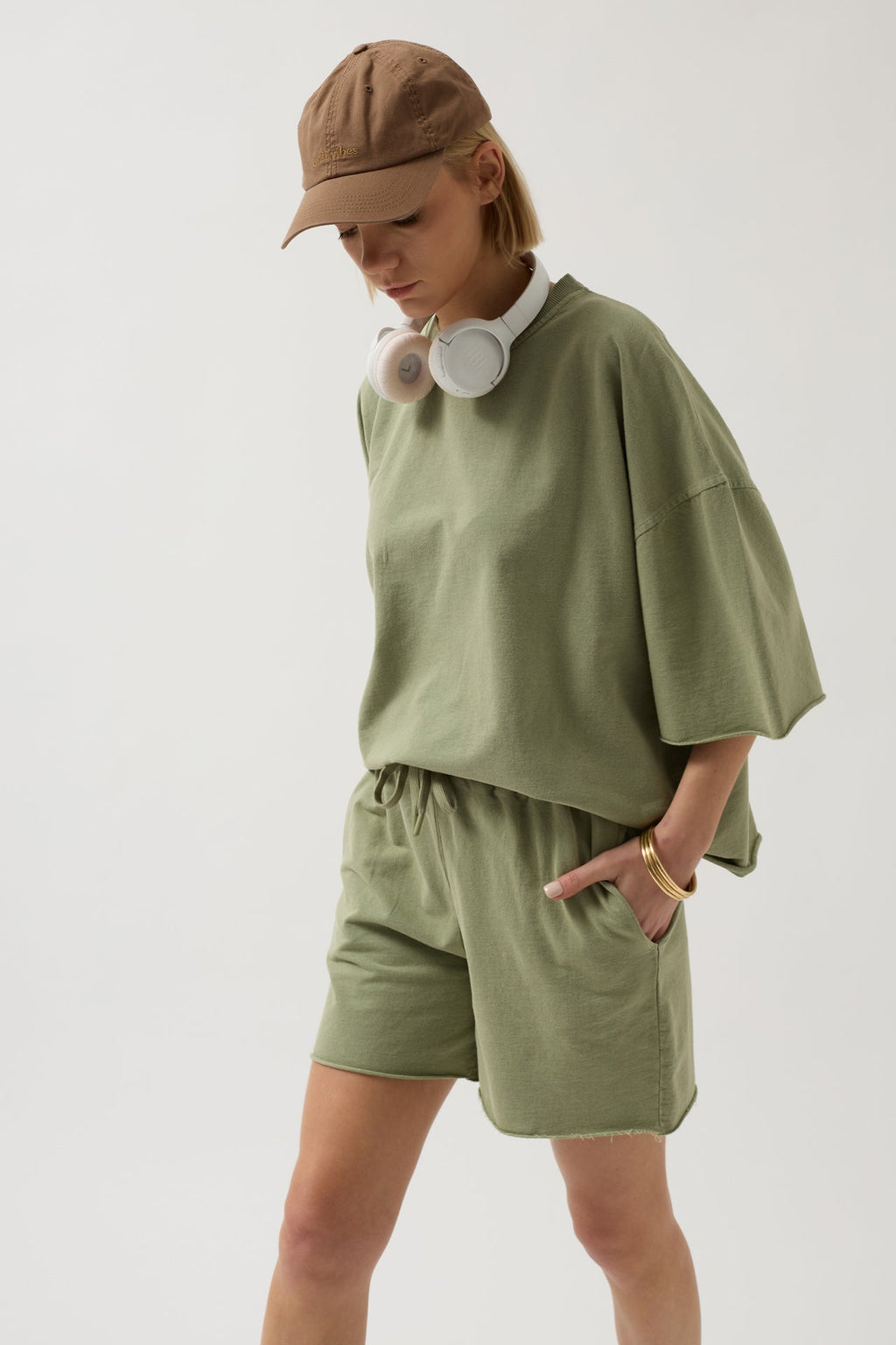Laser Cut Lace-Up Detail Khaki Shorts