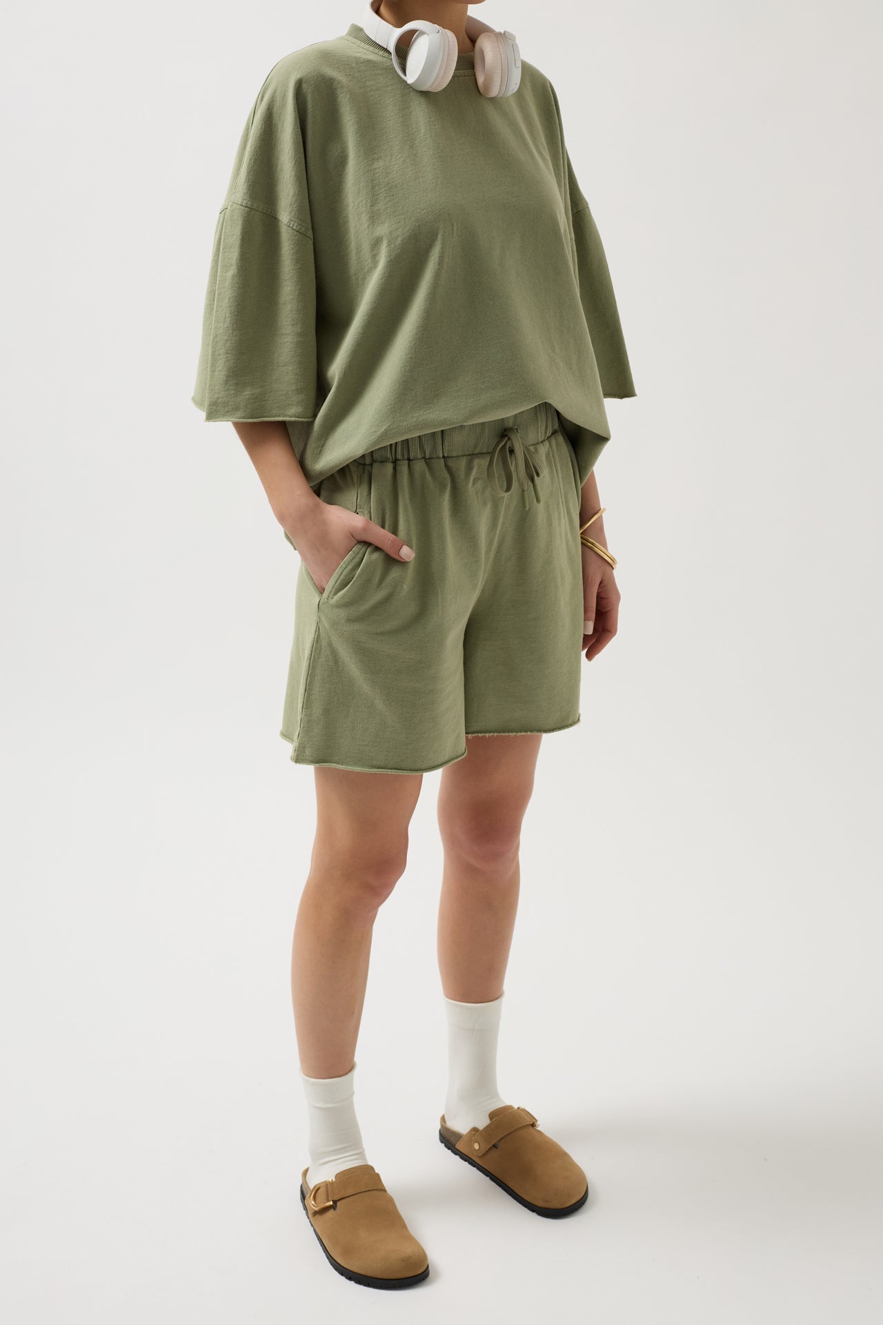 Laser Cut Lace-Up Detail Khaki Shorts