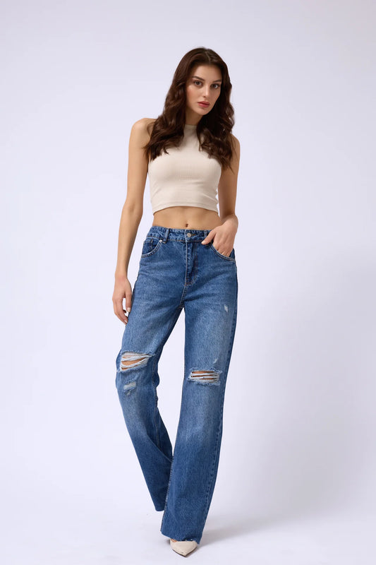 Laser Cut Wide Leg Blue Jeans