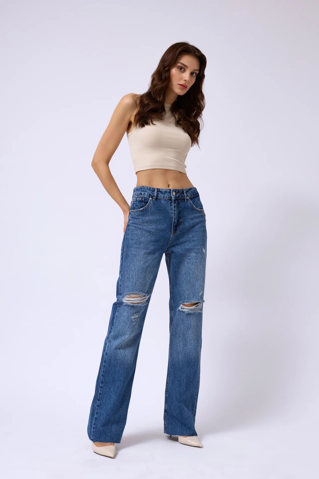 Laser Cut Wide Leg Blue Jeans