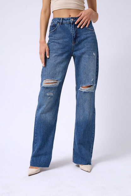 Laser Cut Wide Leg Blue Jeans