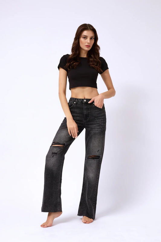 Laser Cut Wide Leg Black Jeans
