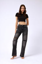 Laser Cut Wide Leg Black Jeans