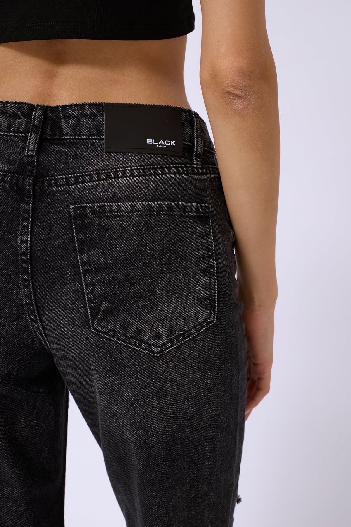 Laser Cut Wide Leg Black Jeans