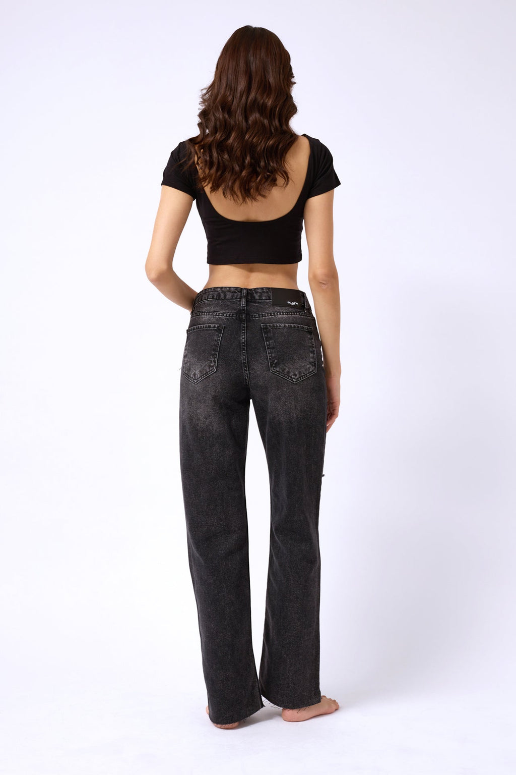 Laser Cut Wide Leg Black Jeans