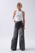 Laser Cut Wide Leg High Waist Black Jeans