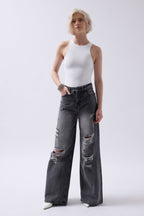 Laser Cut Wide Leg High Waist Black Jeans