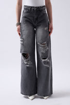 Laser Cut Wide Leg High Waist Black Jeans