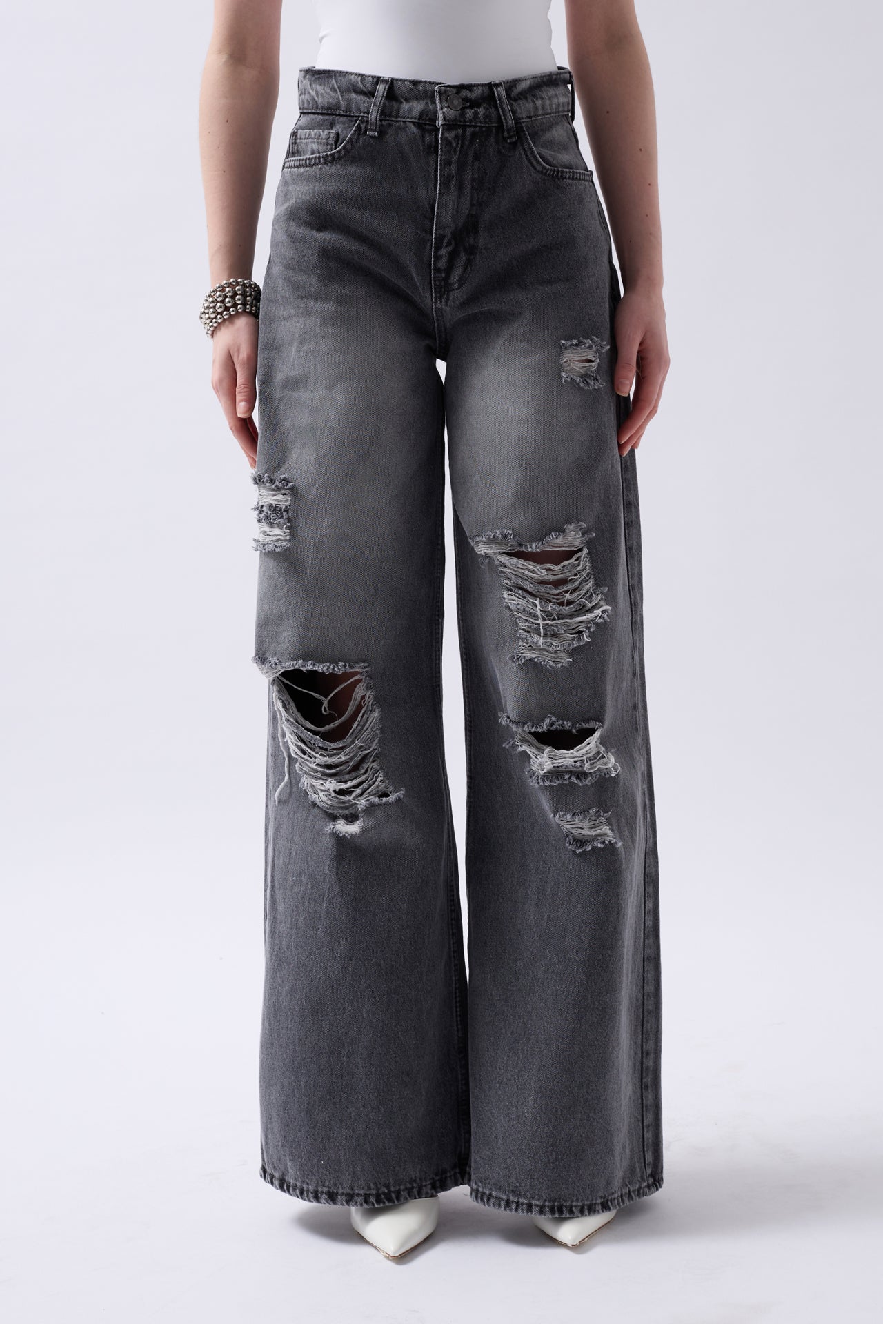 Laser Cut Wide Leg High Waist Black Jeans