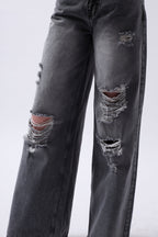 Laser Cut Wide Leg High Waist Black Jeans