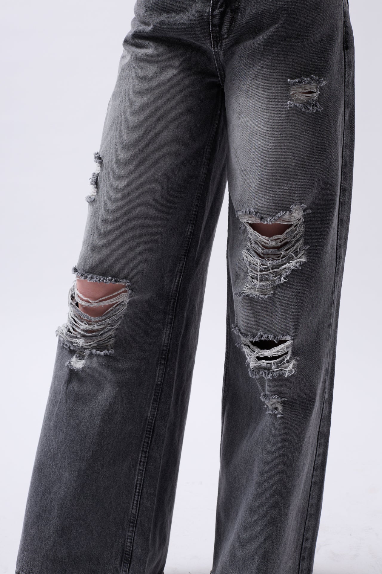 Laser Cut Wide Leg High Waist Black Jeans