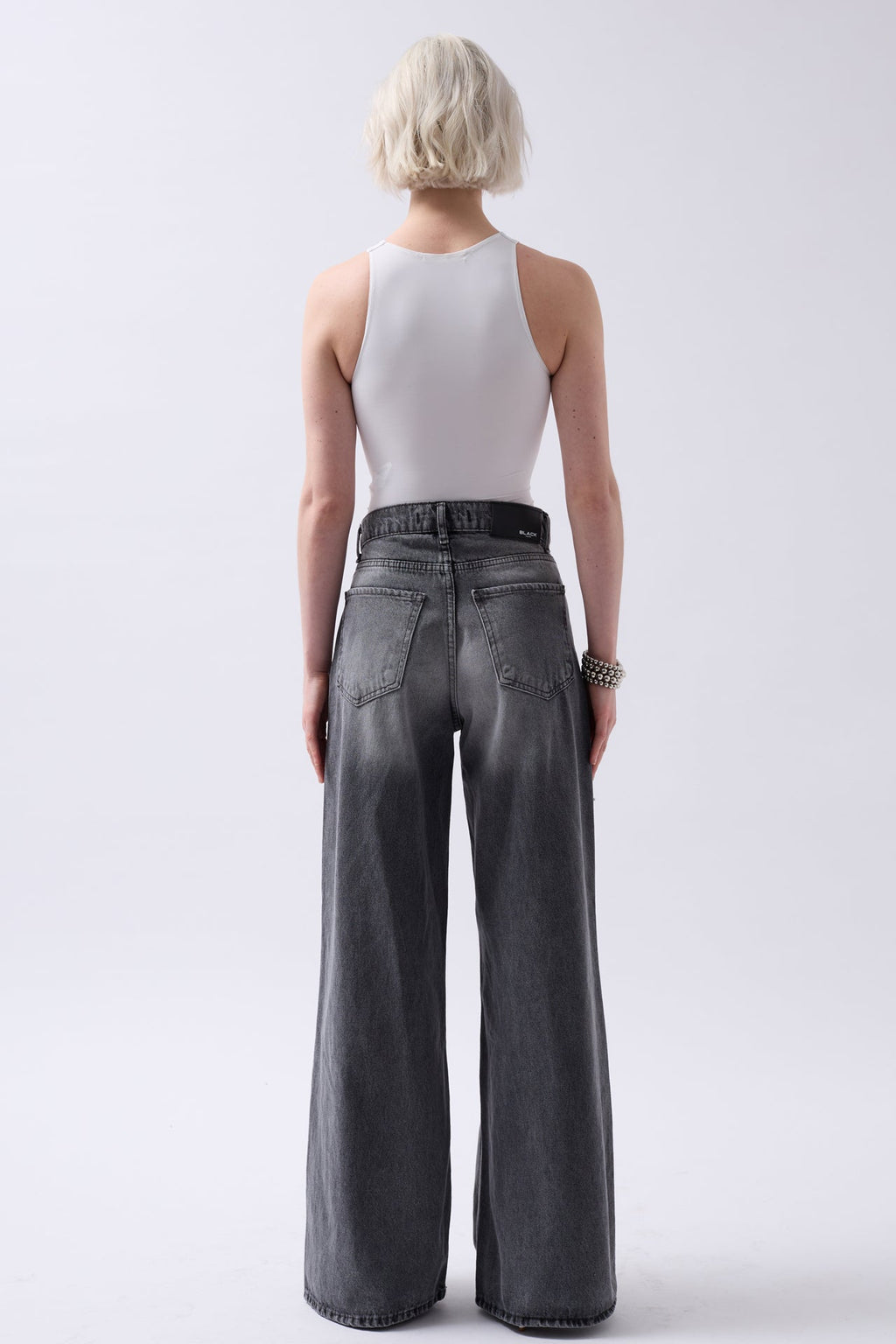 Laser Cut Wide Leg High Waist Black Jeans