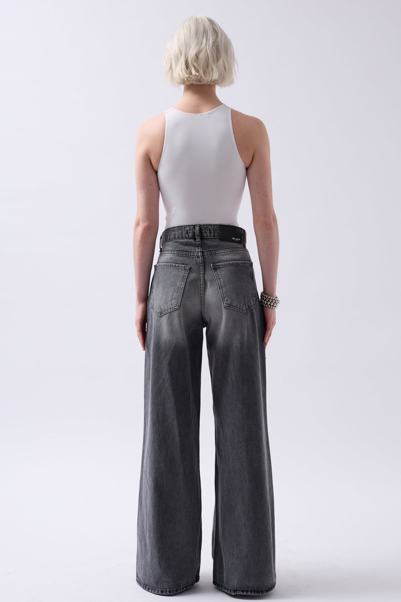 Laser Cut Wide Leg High Waist Black Jeans
