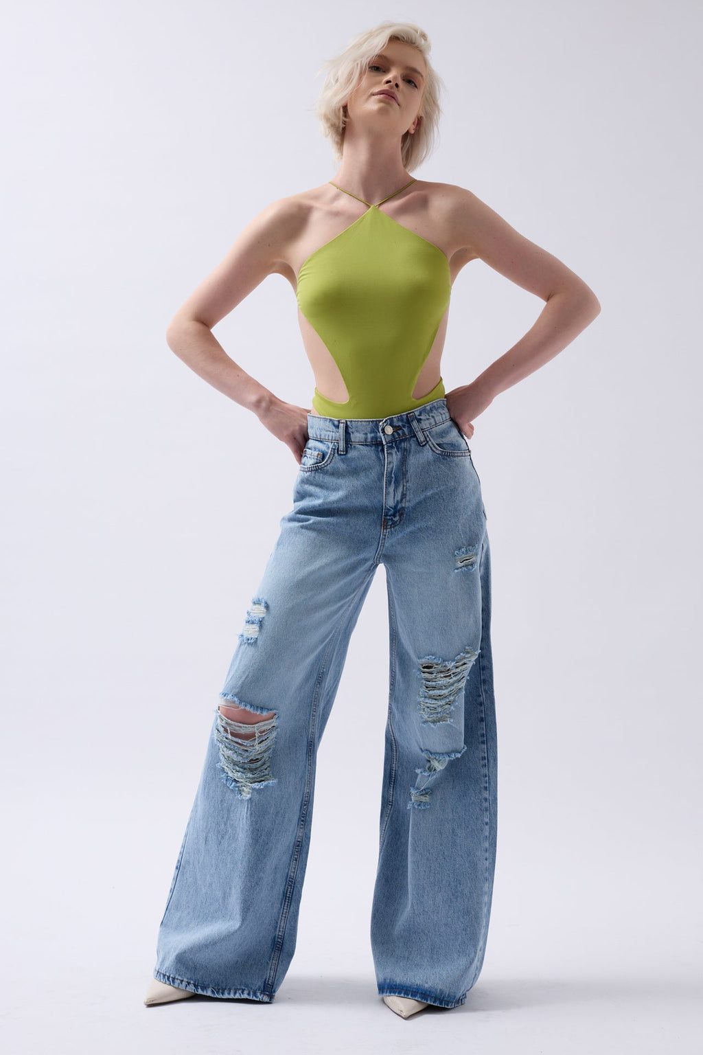 Laser Cut Wide Leg High Waist Blue Jeans