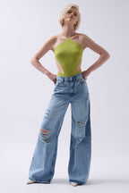 Laser Cut Wide Leg High Waist Blue Jeans