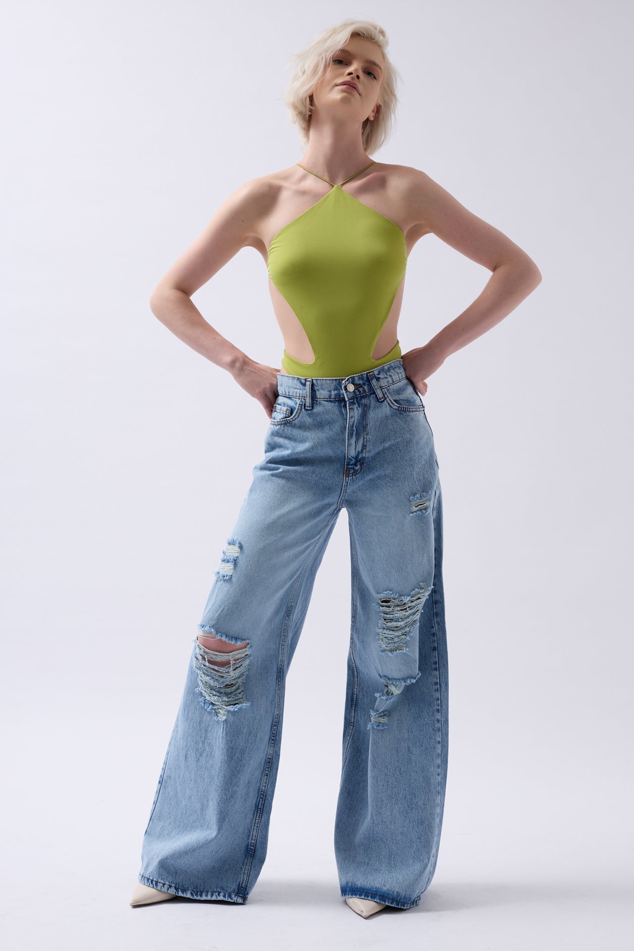 Laser Cut Wide Leg High Waist Blue Jeans